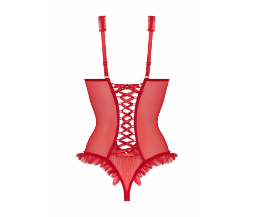 Mistique Wetlook Red Bodysuit with Open Design and Mesh Accents