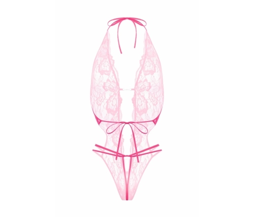 Renee Lace Open Crotch Bodysuit Pink Adjustable Rhinestone Detail