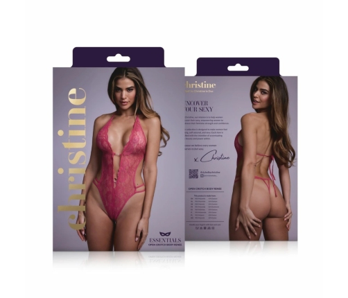 Renee Lace Open Crotch Bodysuit Pink Adjustable Rhinestone Detail