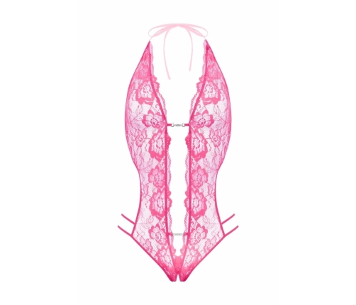 Renee Lace Open Crotch Bodysuit Pink Adjustable Rhinestone Detail