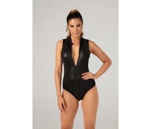 Christine Xenna Wetlook Bodysuit with 2-Way Zipper, Black, S/M