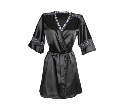 Sensuality Satin Kimono by Kimono - Short Model with Lace Inserts, Black