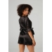 Sensuality Satin Kimono by Kimono - Short Model with Lace Inserts, Black