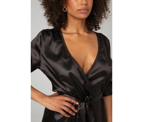 Sensuality Satin Kimono by Kimono - Short Model with Lace Inserts, Black