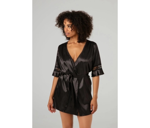 Sensuality Satin Kimono by Kimono - Short Model with Lace Inserts, Black