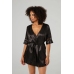 Sensuality Satin Kimono by Kimono - Short Model with Lace Inserts, Black