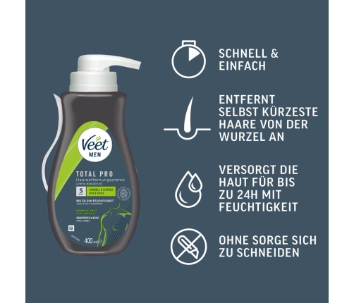 Veet Men Total Pro Hair Removal Cream 400ml Pump - Smooth Skin Formula