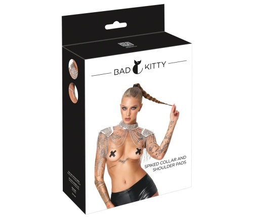 Bad Kitty Spiked Collar & Shoulder Chain - Adjustable Silver Body Jewelry