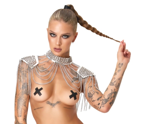 Bad Kitty Spiked Collar & Shoulder Chain - Adjustable Silver Body Jewelry