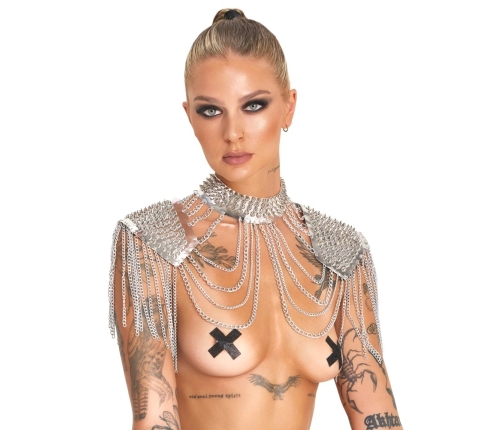 Bad Kitty Spiked Collar & Shoulder Chain - Adjustable Silver Body Jewelry