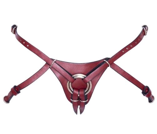 ZADO Leather Strap-On Harness S/M Adjustable Red & Black Metal Details