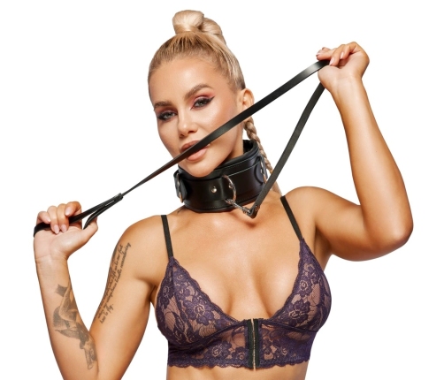 ZADO Leather Collar and Leash Set Wide Adjustable Black 97cm