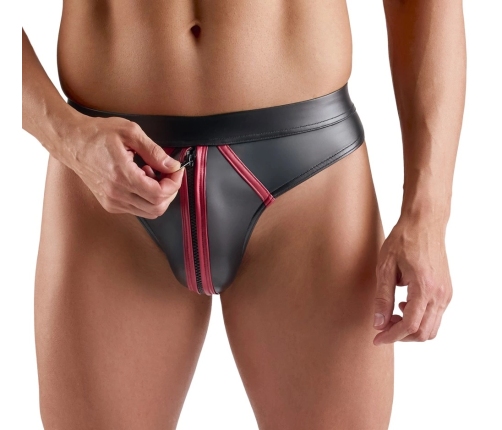 Svenjoyment M Thong S Black Wetlook Red Stripes Stretch Zip Front