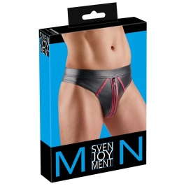 Svenjoyment Thong M Black Wetlook with Red Accents, Zipper Front
