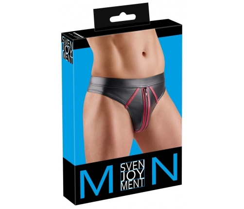 Svenjoyment Thong 2XL Black Wetlook with Red Accents, Stretch Fit