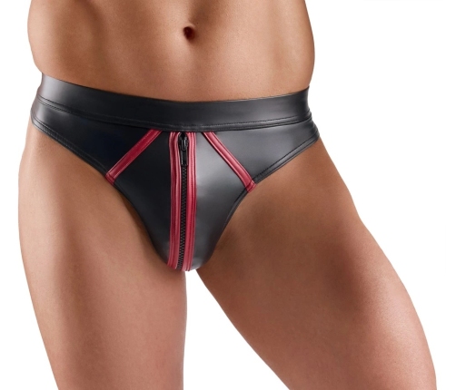 Svenjoyment Thong 2XL Black Wetlook with Red Accents, Stretch Fit