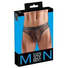 Svenjoyment Thong Net Black M - Mesh & Wetlook, Gold Ring Accents