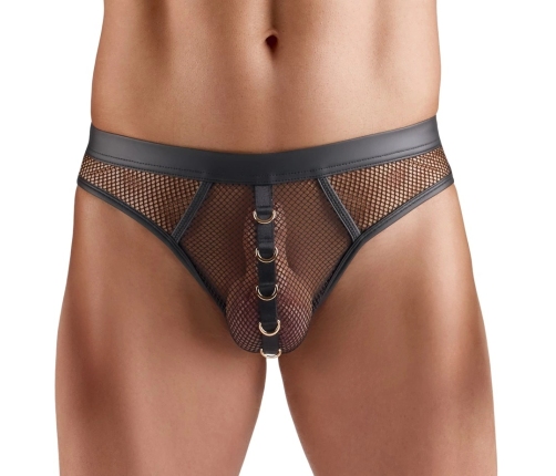 Svenjoyment Thong Net XL - Black Mesh with Wetlook Accents, Gold Rings
