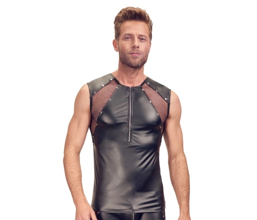 Svenjoyment Men's Shirt L Black Matte Look Mesh Studded Zip Front