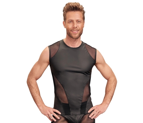 NEK Men's Sleeveless Shirt Matte Black Transparent Mesh Inserts L