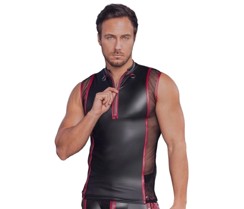 NEK Sleeveless Matte Shirt L Black-Red with Mesh and Zipper Accent