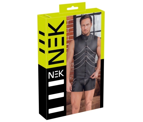 NEK Men's Matte Black Sleeveless Shirt with Chains, Size M