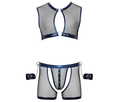 Svenjoyment Bondage Set XL - Black Net & Metallic Blue Top, Pants, Cuffs