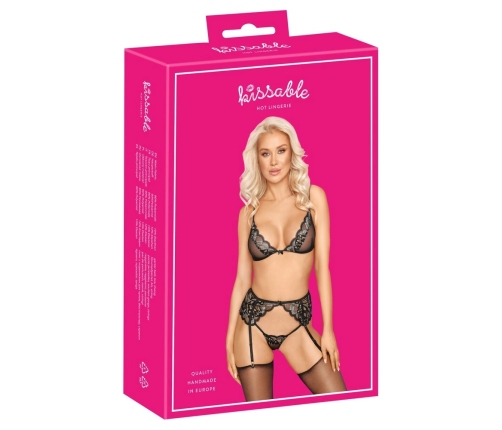Kissable Lingerie Set L/XL - Lace Bra, Suspender Belt & String, Black