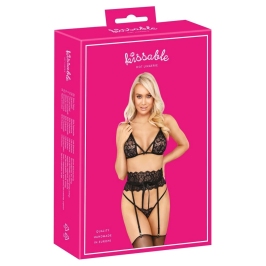 Kissable Lace Lingerie Set with Suspender Belt Black S/M Kissable Lace Lingerie Set with Suspender Belt Black S/M