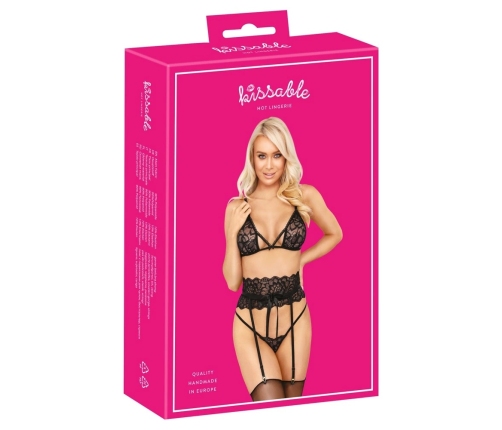 Kissable Lace Lingerie Set with Suspender Belt Black S/M