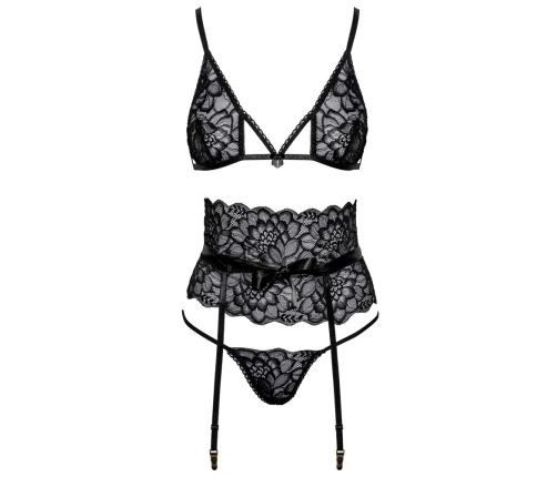 Kissable Lace Lingerie Set with Suspender Belt Black S/M