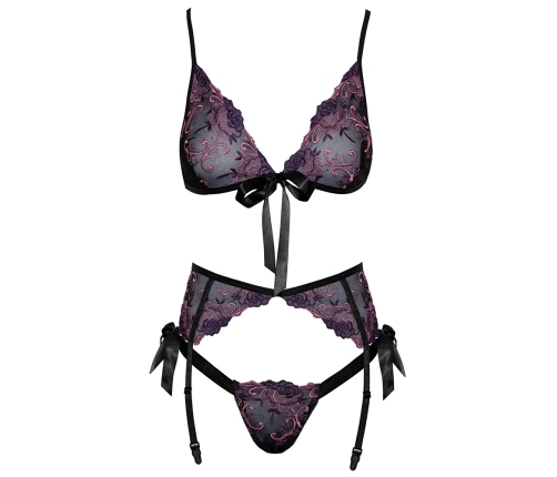 Kissable Lingerie Set L/XL - Floral Embroidered Bra & Garter Belt Black
