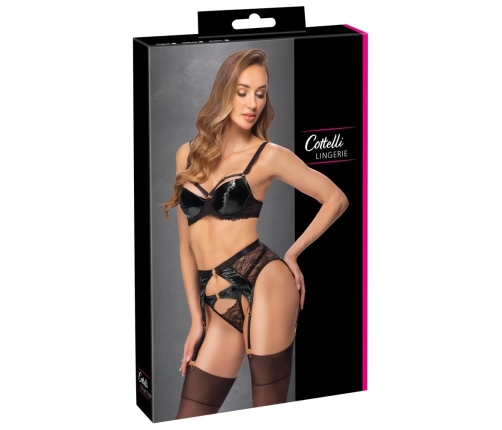 Cottelli Lingerie Set 3-Piece Lace & Vinyl 75B/S Black Adjustable