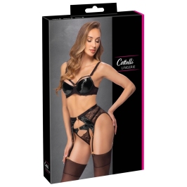 Cottelli LINGERIE 3-Piece Lace & Vinyl Suspender Set 80B/M Black Gold Accents