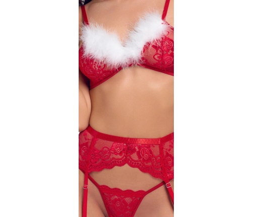 Cottelli Lingerie X-Mas 3-Piece Lace Bra Set Red L/XL with Feather Trim