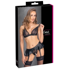 Cottelli Lingerie Set XL - Lace & Matte Look, Wireless Bra, Suspender Briefs