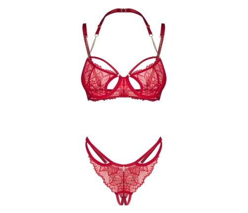 Obsessive Matildea Red L/XL Bra & Thong Set with Chains and Lace
