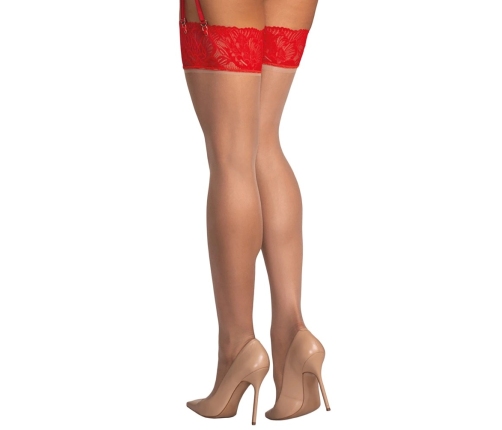 Obsessive Matildea Stockings L/XL Red Lace Band - Velvety Nude Finish