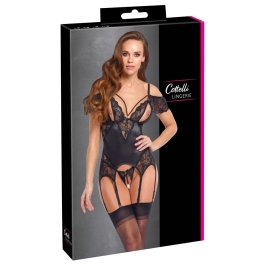 Cottelli Basque Pearls S - Black Satin & Lace Lingerie Set with Pearls