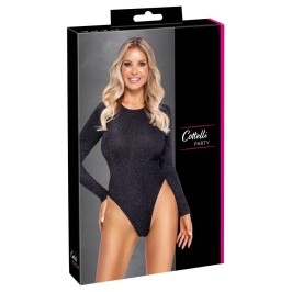 Cottelli PARTY Silver Glitter Long-Sleeve Bodysuit S, High Leg Cut