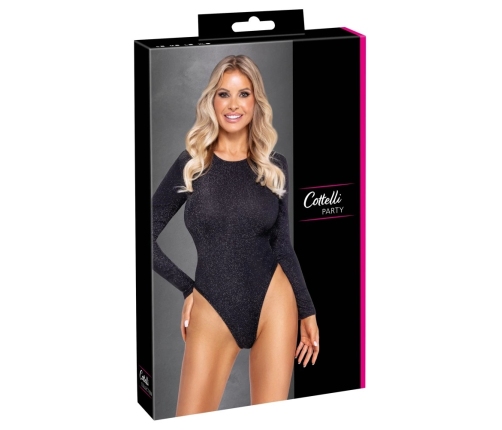 Cottelli PARTY Silver Glitter Long-Sleeve Bodysuit S, High Leg Cut