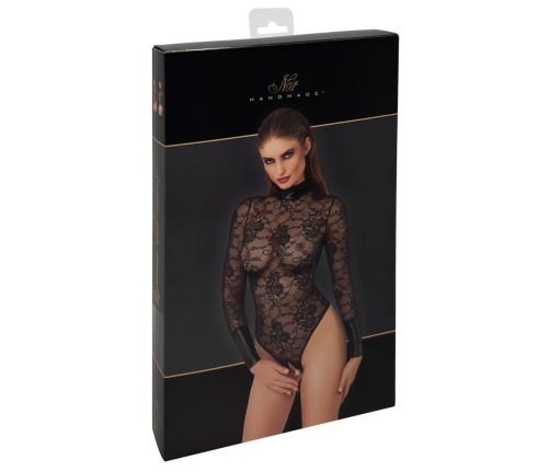 Noir Handmade Body Collar XL - Black Floral Lace Bodysuit with Stand-Up Collar