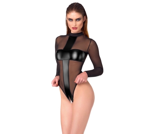 Noir Handmade Body Cross XL Black Transparent Bodysuit with Wetlook Inserts
