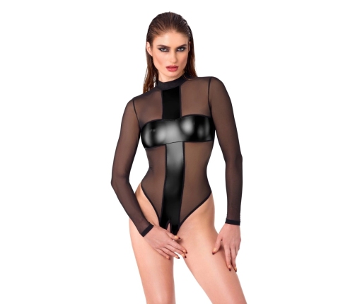Noir Handmade Body Cross XL Black Transparent Bodysuit with Wetlook Inserts