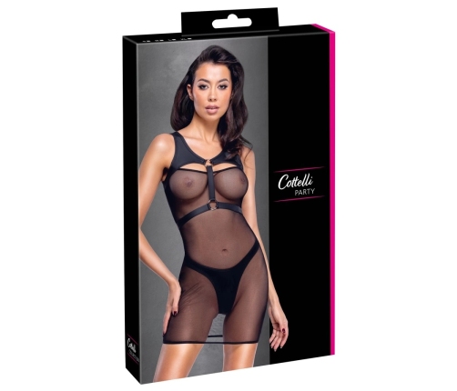 Cottelli PARTY Black Net Mini Dress with Matte Harness & Thong L