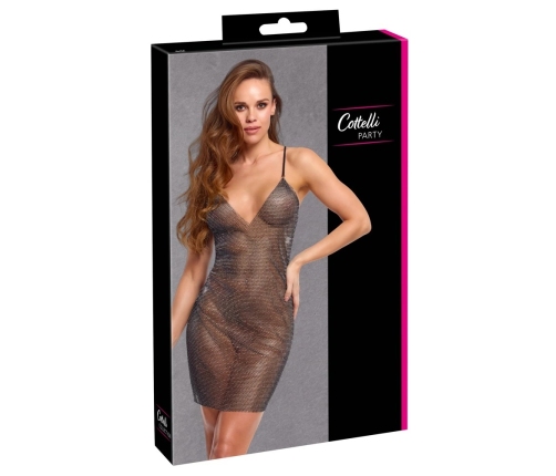 Cottelli PARTY Mini Dress S/M - Black Mesh with Colorful Rhinestones
