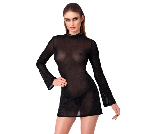Noir Handmade Mini Dress L Black Sparkling Mesh Trumpet Sleeves