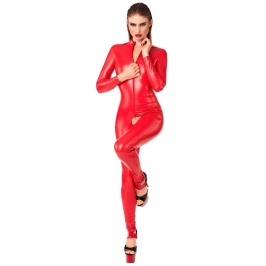 Noir Handmade Red Powerwetlook Jumpsuit S - Crotchless, Long Sleeve