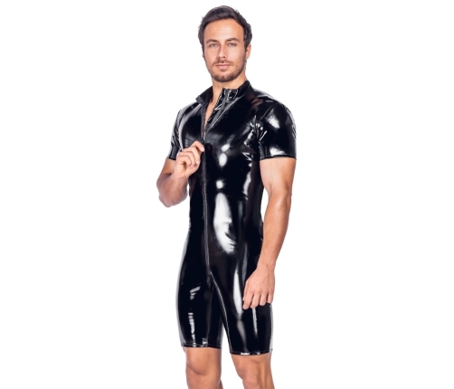 Black Level Men's Vinyl Short Playsuit M - Shiny Finish & 3-Way Zip
