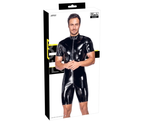 Black Level Men's Vinyl Short Playsuit 3XL - Shiny Club Style, 3-Way Zip